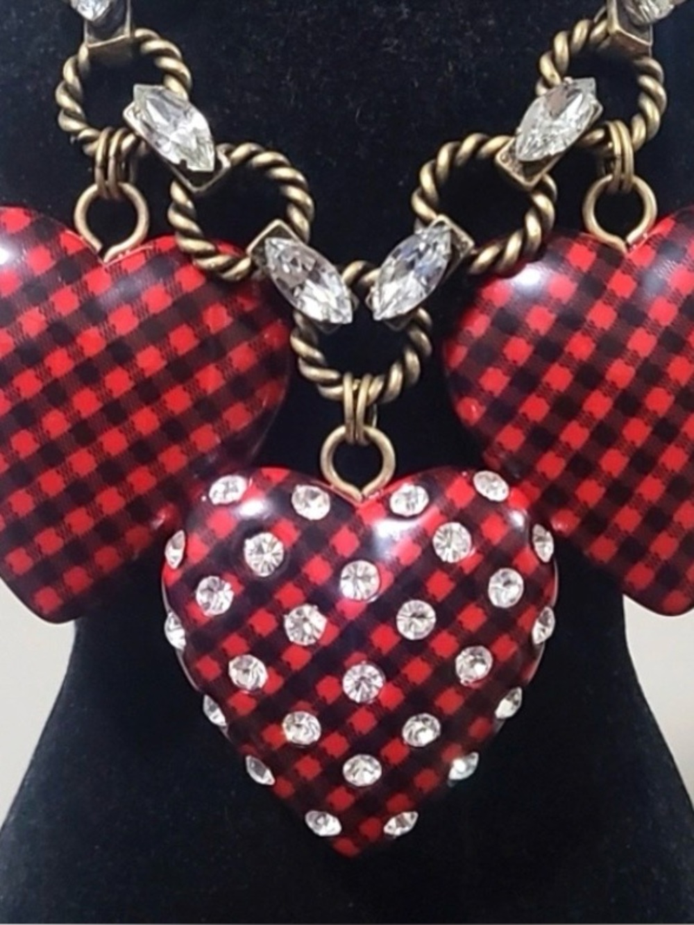 Betsey Johnson Black Velvet Choker with Red Plaid and Studded Heart Pendants